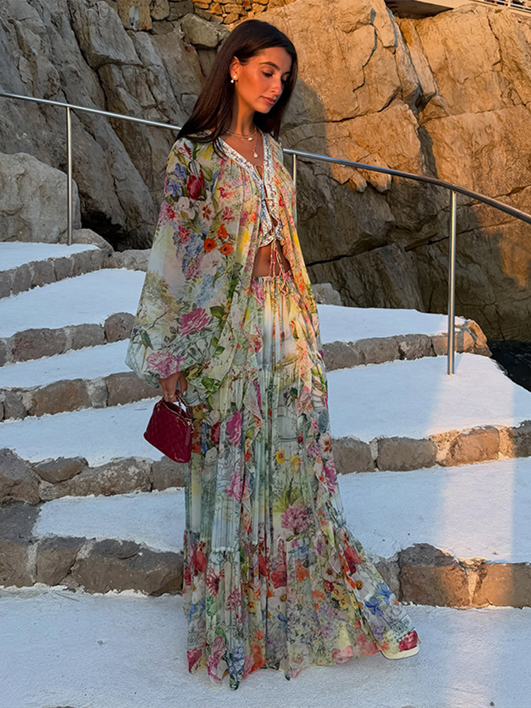 Summer Clothing Vacation - طقم شاطئ بوهيمي بنقشة زهور متناسقة،