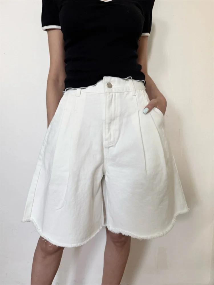 Summer Clothing Y2K - بنطلون جينز نسائي قصير مطوي وفضفاض