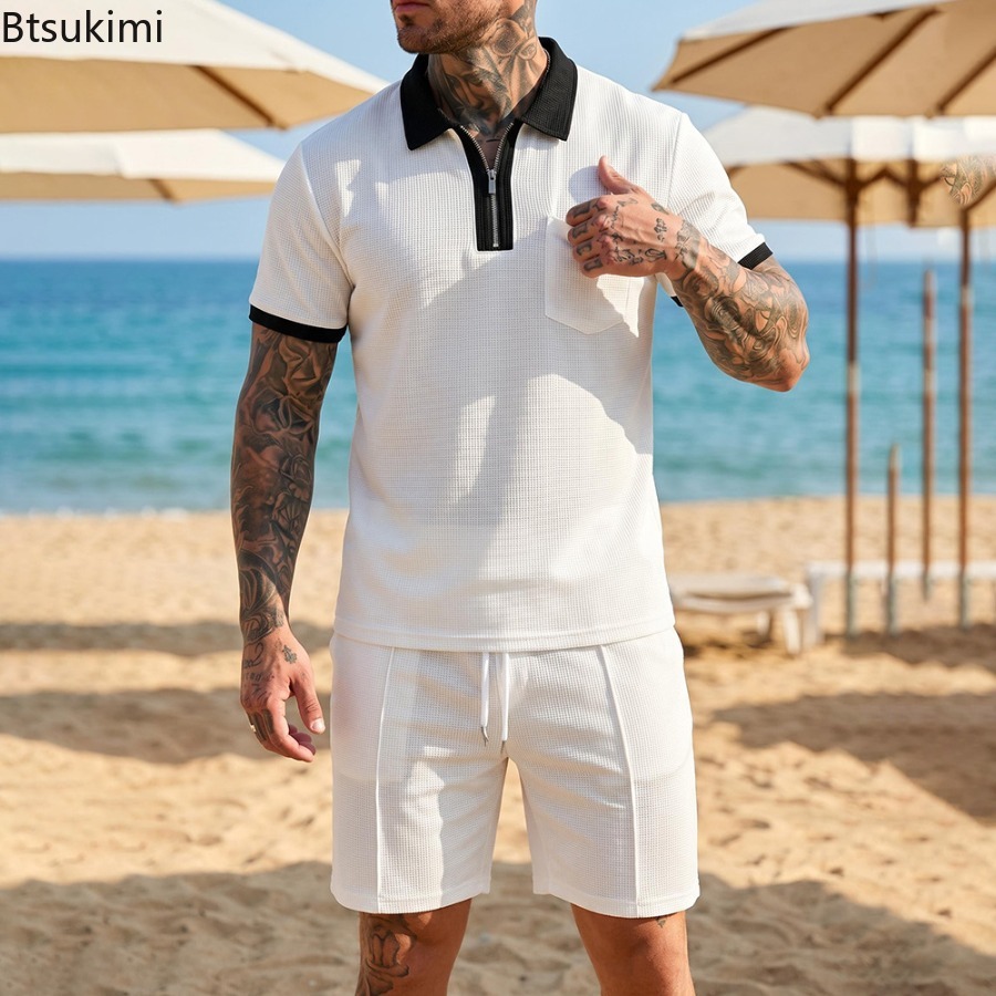 Summer Clothing Vacation - طقم رجالي صيفي كاجوال بياقة وافل