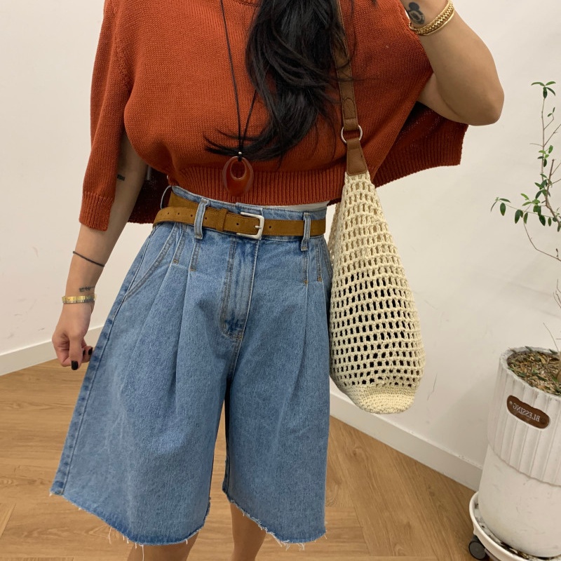 بنطلون جينز نسائي قصير مطوي وف - مراجعة Summer Clothing Y2K وسعره