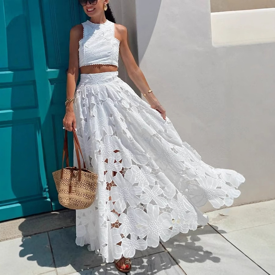 طقم نسائي من قطعتين أبيض اللون - مراجعة Summer Clothing Vacation وسعره